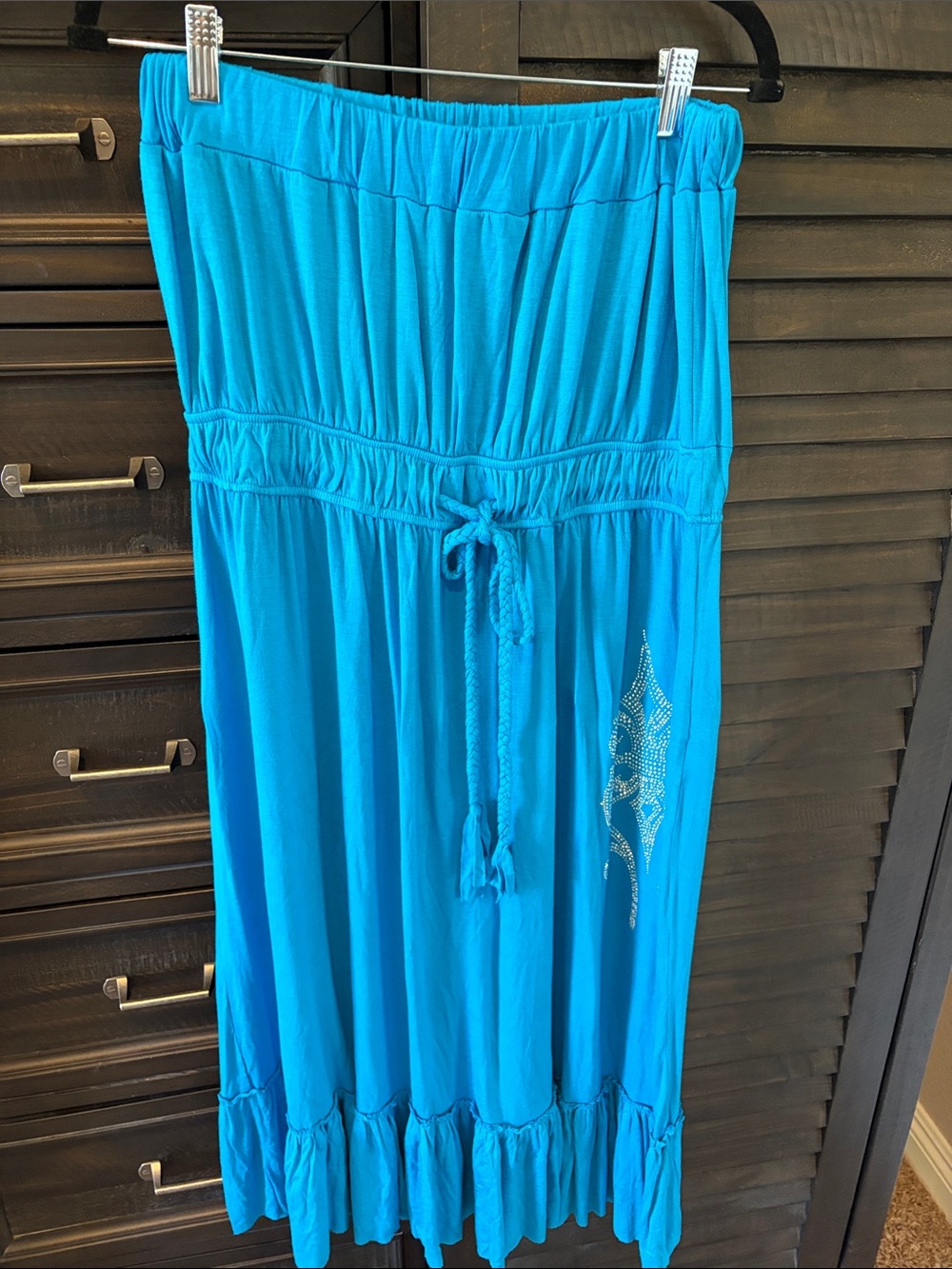 Turquoise Strapless Midi Dress with Rhinestone Fleur Motif